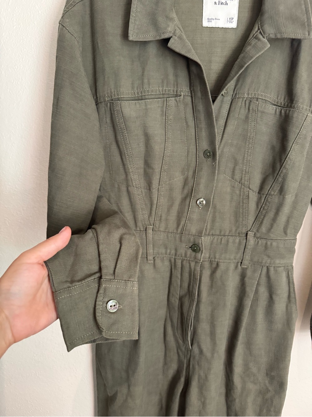 Abercrombie & Fitch Olive Green Utility Jumpsuit XS Petite Linen Blend Romper - Picture 6 of 11